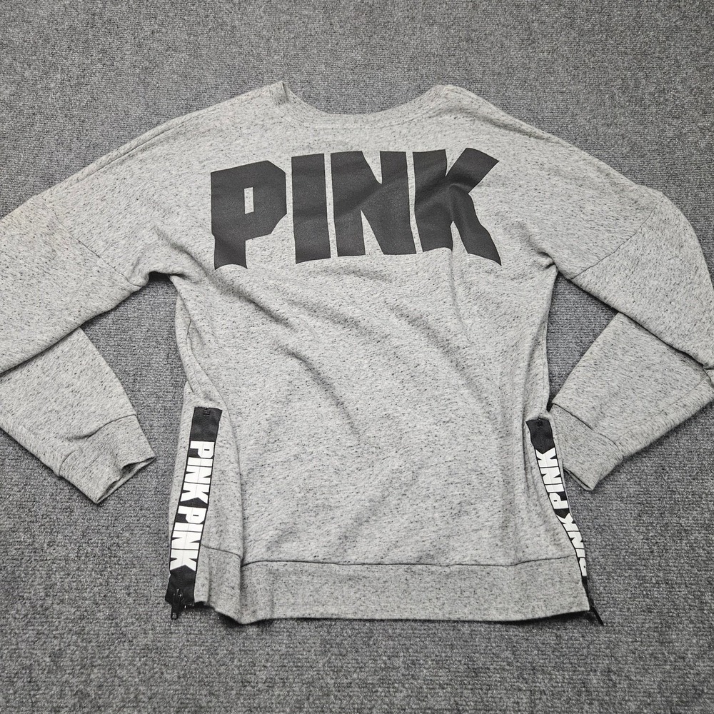 Victorias Secret PINK Sweatshirt Womens S Gray Side Zip Pullover Athleisure Logo